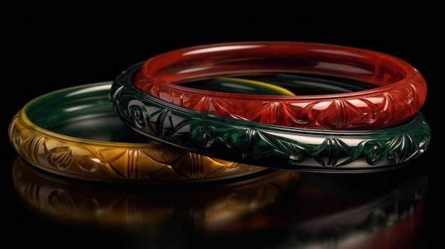 A pair of bangles with a green and red design