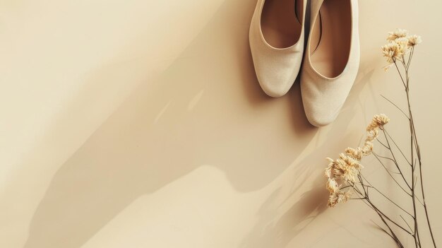 Photo a pair of beige ballet flats placed on a floor beside delicate dried flowers bathed in soft light evoking elegance and simplicity