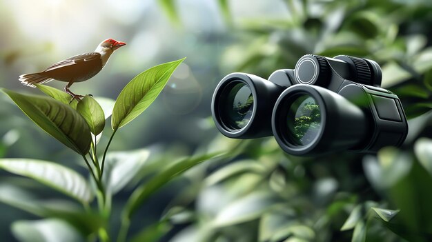 Photo a pair of binoculars is focused on a small bird perched on a branch the bird is looking at the binoculars the background is a blur of green leaves