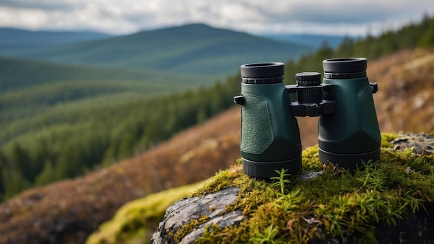 A pair of binoculars resting on a moss covered rock framed by a serene forest backdrop