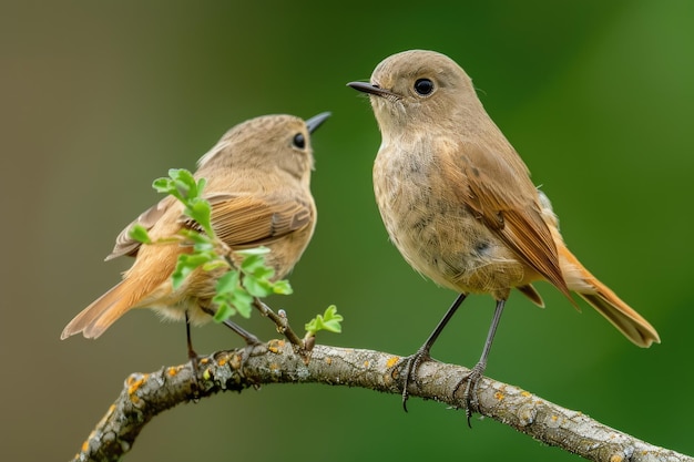 A pair of birds sitting on the edge of a tree branch looking out at something