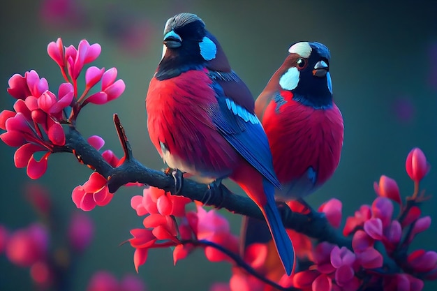 A pair of birds with blue eyes sit on a branch with pink flowers.