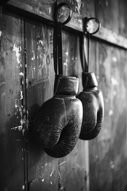 Photo a pair of black boxing gloves hanging on a wall