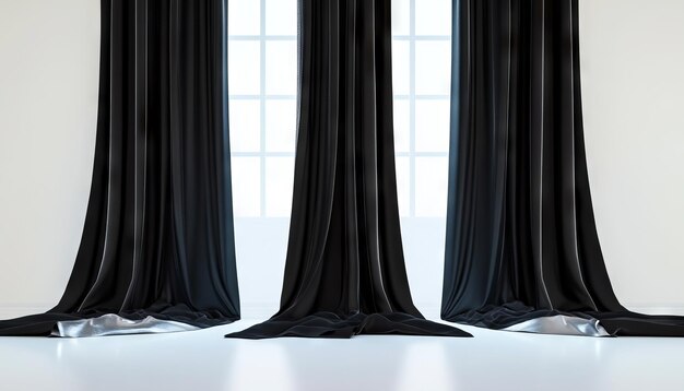 Photo a pair of black curtains in front of a large window