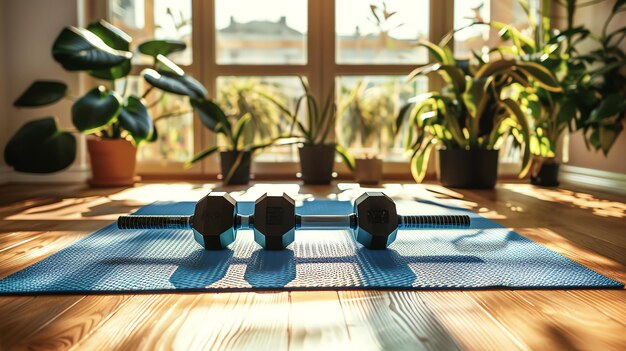 Photo a pair of black dumbbells lie on a blue yoga mat in a home gym