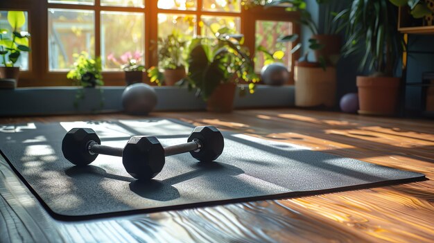 Photo a pair of black dumbbells lie on a blue yoga mat in a home gym