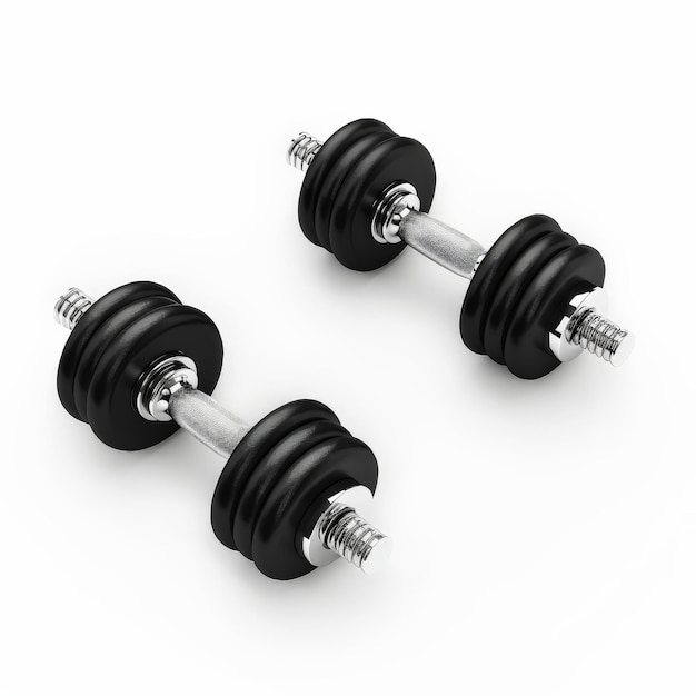 A pair of black dumbbells with chrome handles isolated on white background