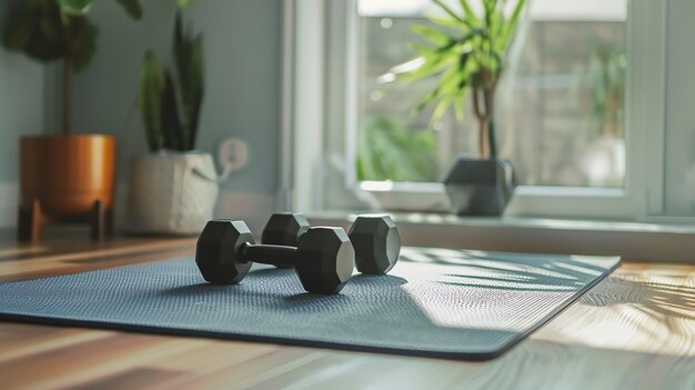 Photo a pair of black dumbbells on a yoga mat in a home setting