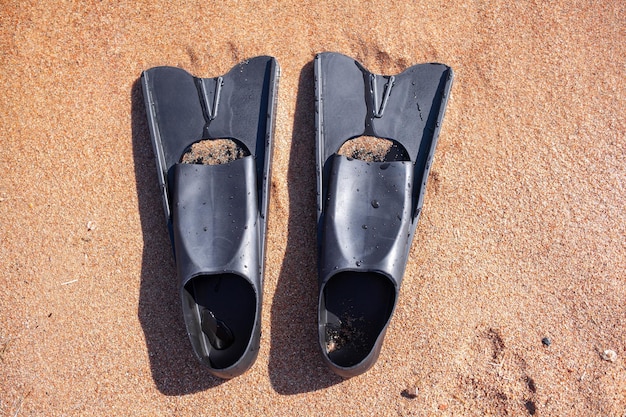 A pair of black flippers on the background of sand next to the water, top view. Swimming equipment