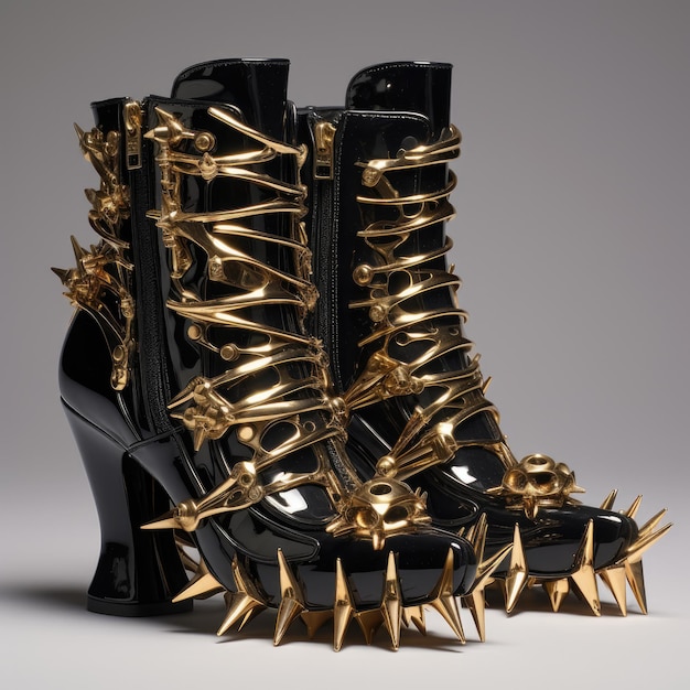 a pair of black and gold spiked boots