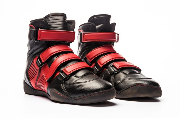 a pair of black leather shoes with red straps and a red band