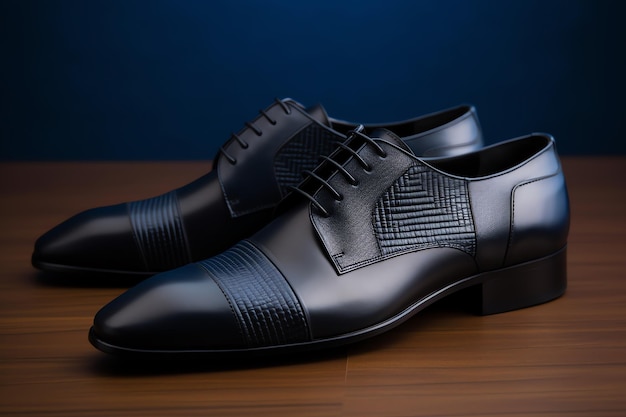 A pair of black men's shoes with a black leather sole