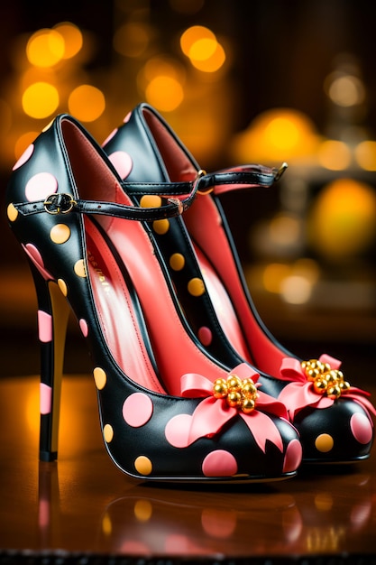 Pair of black and pink polka dot high heel shoes Generative AI