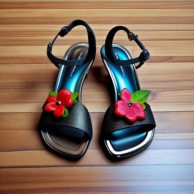 A pair of black sandals with red flowers on the bottom.