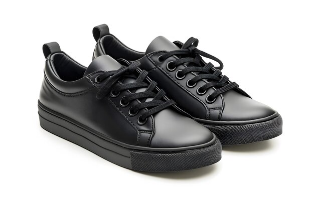 a pair of black shoes with a black shoelace that says shoe on it