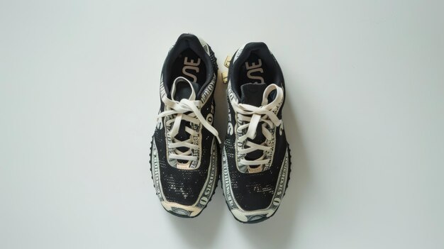 A pair of black sneakers on a white background View from above