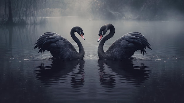 A pair of black swans swimming gracefully in a pond AI generated