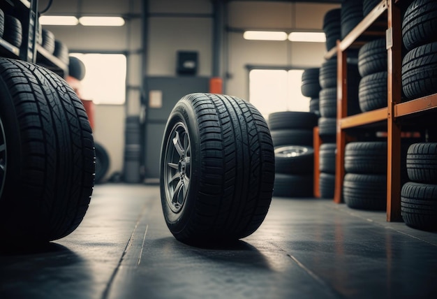 a pair of black tires are in a warehouse with one that has a tire on it