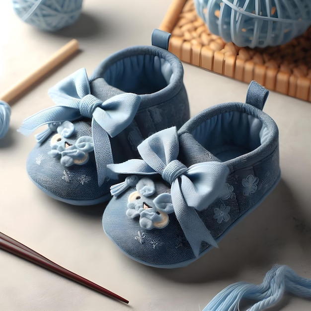 Photo a pair of blue baby shoes with a bow on the front