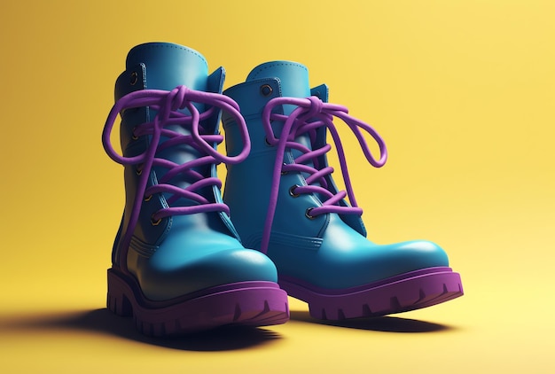 A pair of blue boots with purple laces and the word boot on the bottom.