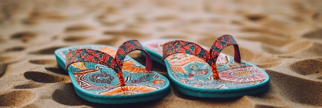 A pair of blue flip flops sit on the beach.