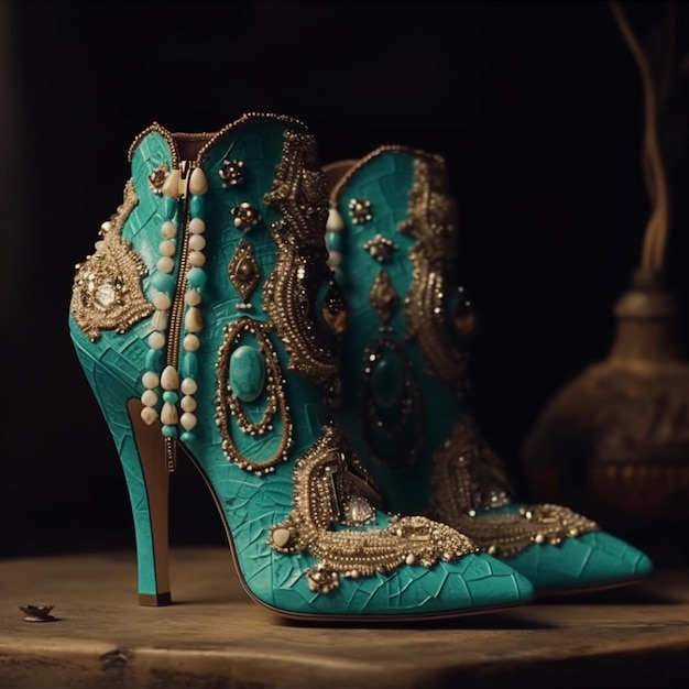 A pair of blue high heeled shoes with pearls and beads.