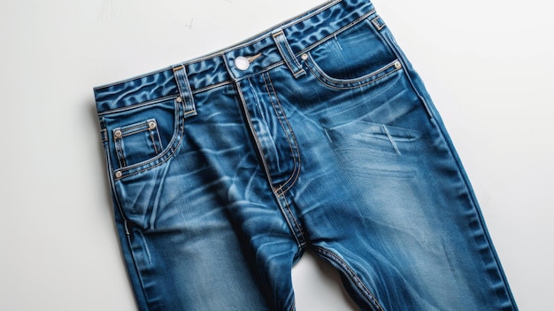 A pair of blue jeans with a single front pocket in focus