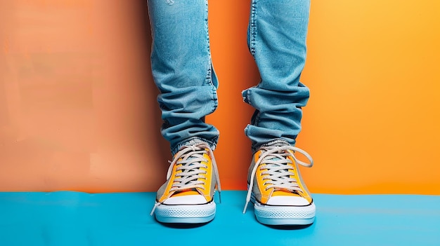 Photo a pair of blue jeans with a yellow and white shoe on the bottom