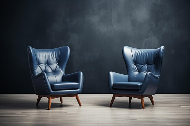 Photo pair of blue leather chairs against a dark wall in a room generative ai