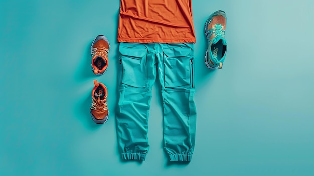 Photo a pair of blue pants with orange and orange shoes on a blue surface