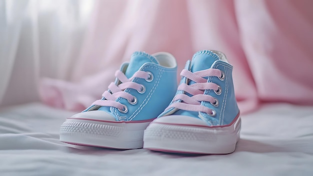 a pair of blue and pink sneakers with a pink background