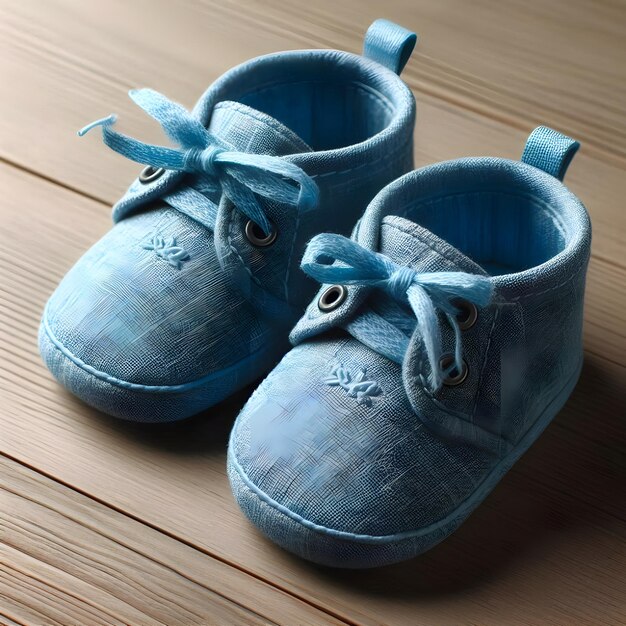 a pair of blue shoes with a ribbon tied around the top