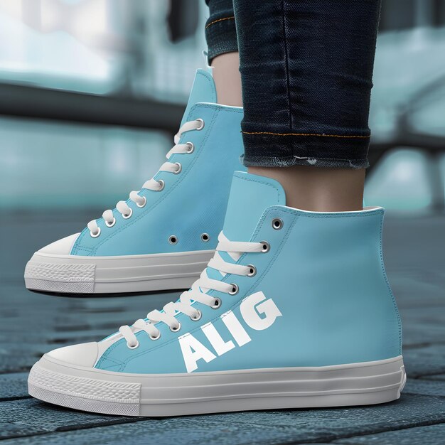 Photo a pair of blue sneakers with the word  i  on the bottom