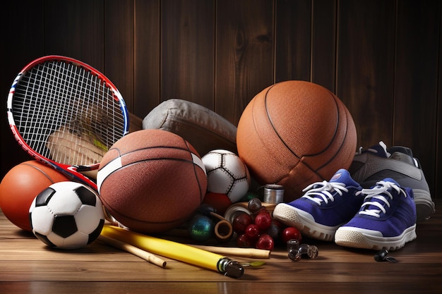 A pair of blue tennis shoes are on a wooden floor with a basketball and a tennis ball.