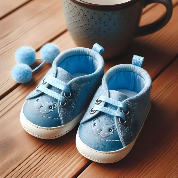 Photo a pair of blue and white shoes with a cup of coffee next to it