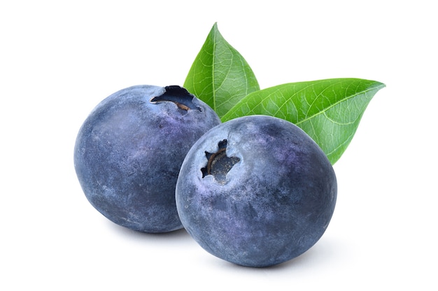 Pair of Blueberries fruits with leaves  isolated on white background