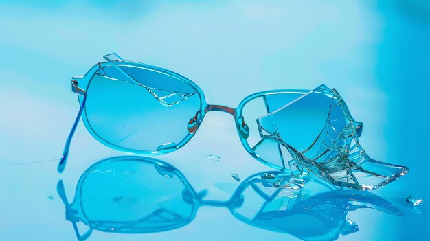 A pair of bluetinted eyeglasses are broken in half the lens is shattered and there are shards of glass scattered on a blue surface