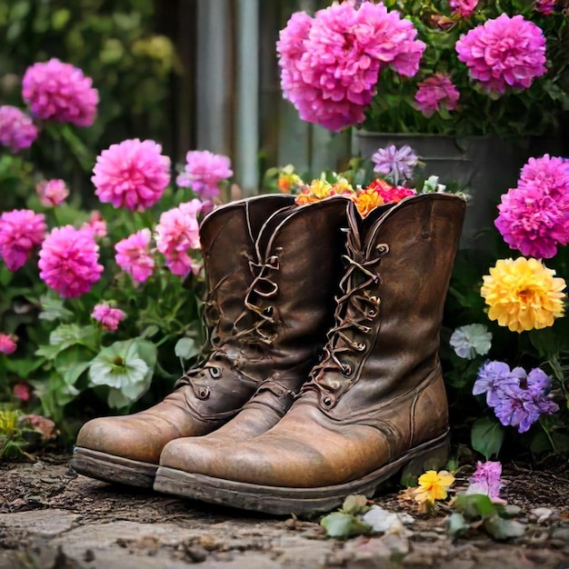 a pair of boots with flowers in the background and a pot of flowers in the background