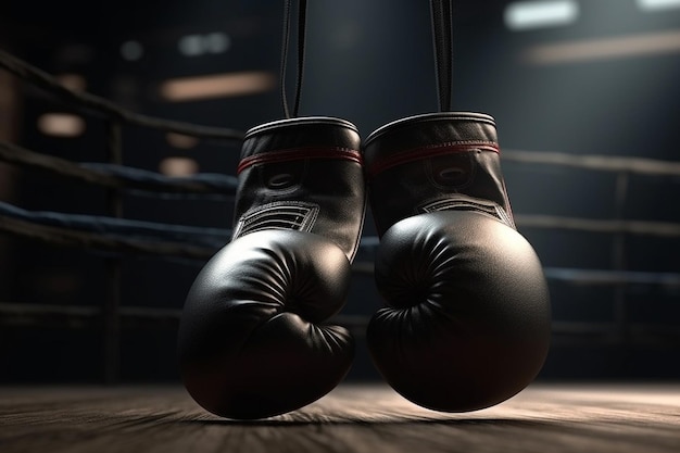 A pair of boxing gloves hanging from a ring