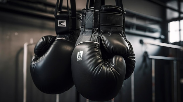 A pair of boxing gloves hanging on a hook in a boxing gym