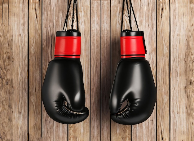 A pair of boxing gloves hanging on a wooden wall.