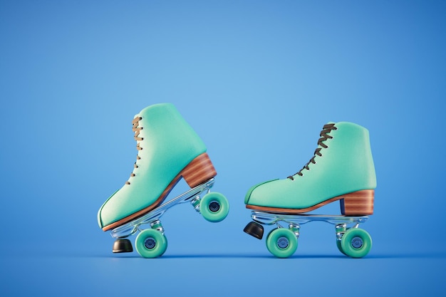 Pair of bright stylish roller skates on blue background 3d render