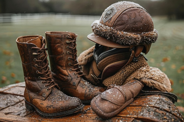 Photo pair of brown boots and helmet on table