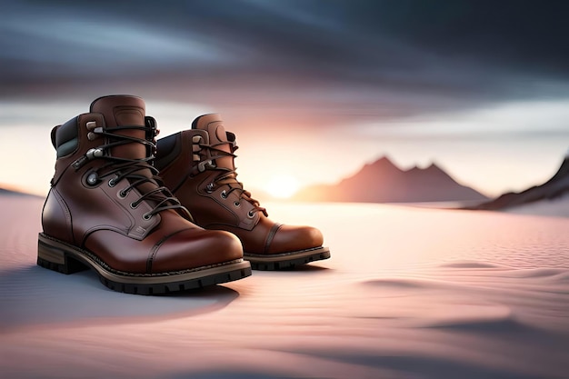 A pair of brown leather boots are standing in the desert.