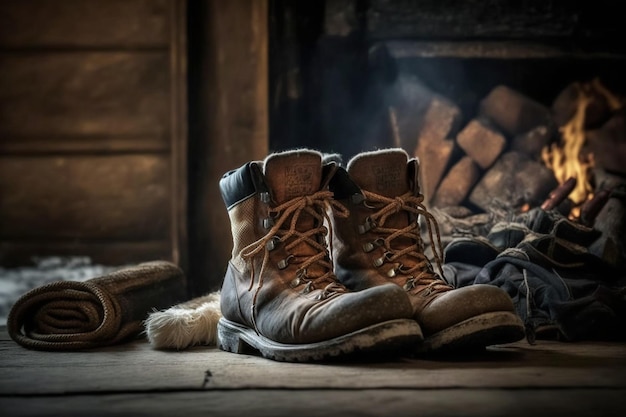 A pair of brown leather boots sit in front of a fireplace.