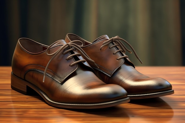 A pair of brown leather shoes with laces on the top