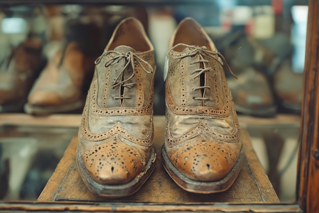 Photo a pair of brown shoes sitting on top of a wooden table