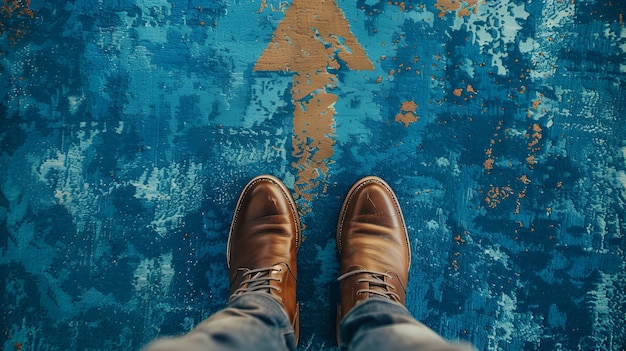 Photo a pair of brown shoes stand on a blue carpet with an arrow pointing up