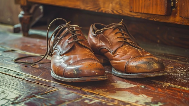 a pair of brown shoes with a brown leather sole