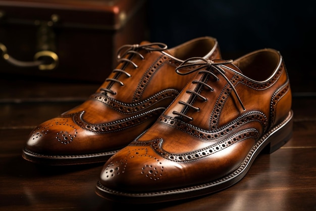 Photo a pair of brown shoes with gold trim and a black background